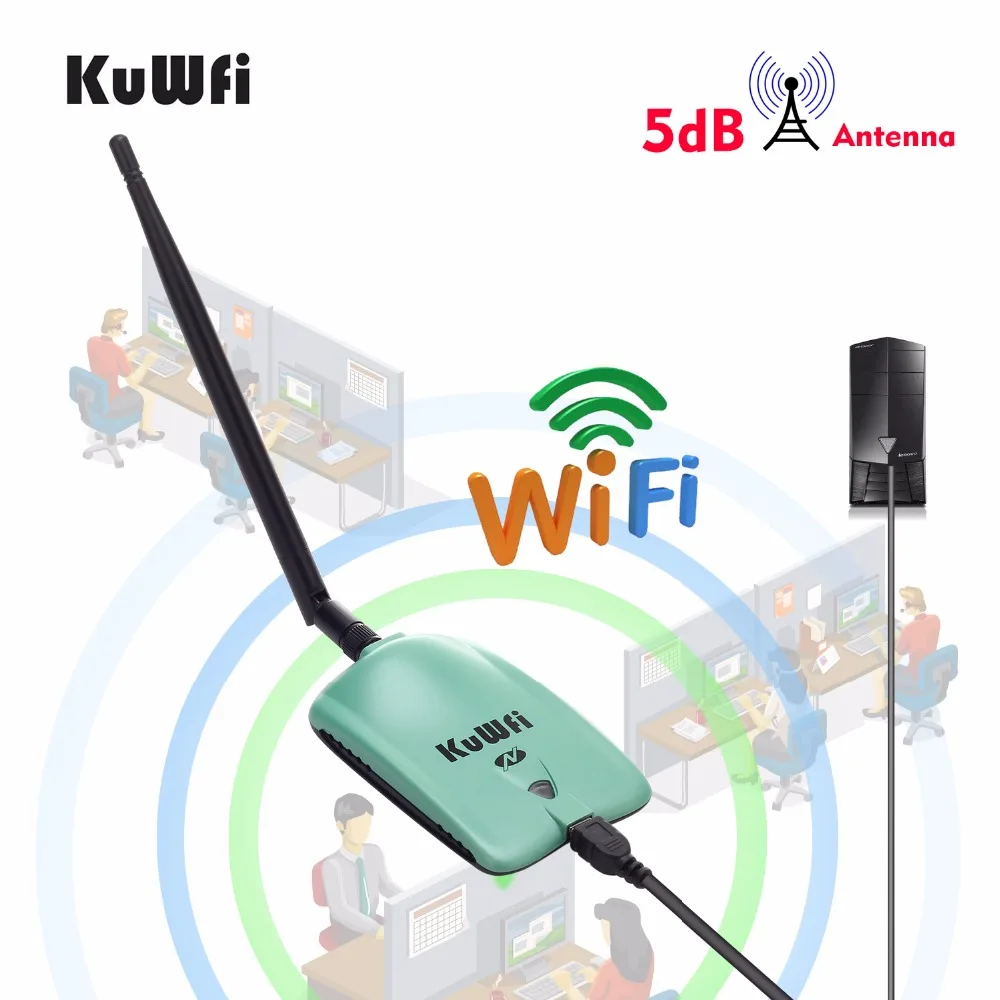 KuWfi высокое Мощность 150 Мбит/с Беспроводной USB адаптер 802.11b/n/g высокой Скорость 5dBi PC