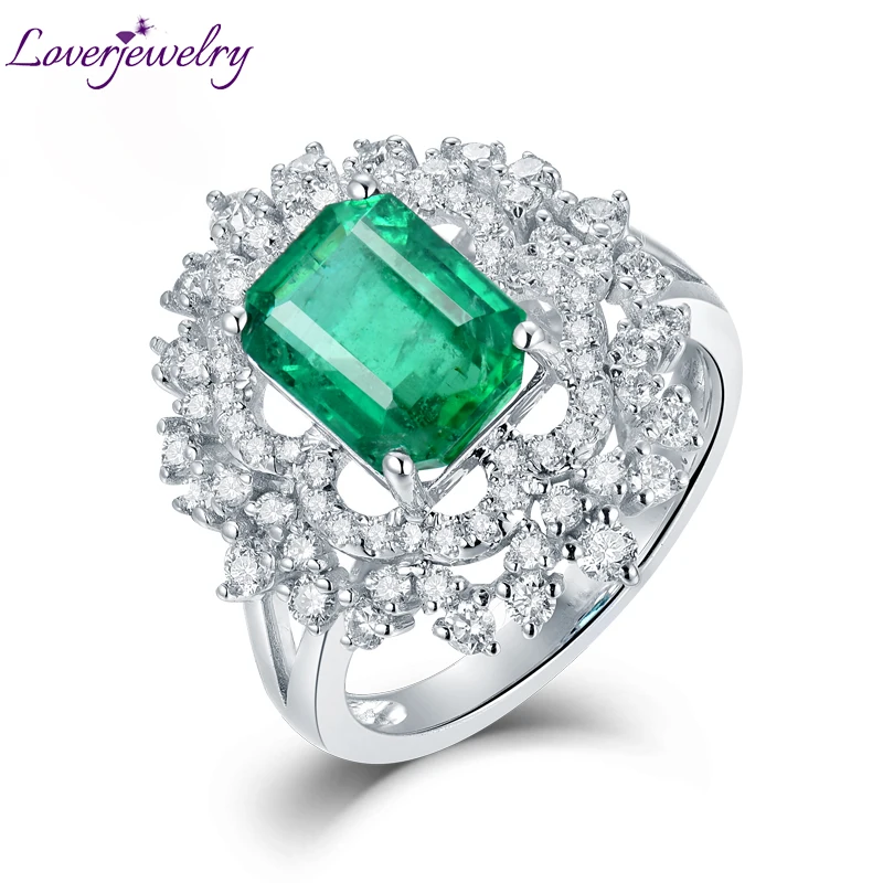 Loverjewelry Luxury Natural Emerald Wedding Ring Solid 18Kt Au750 White