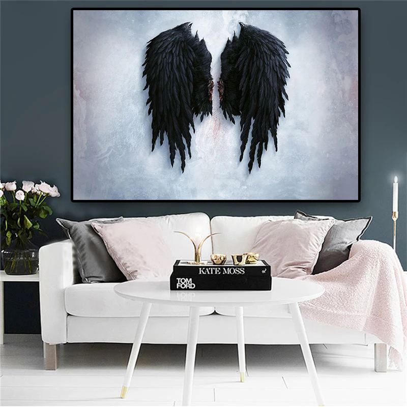 

Powerful Wings Black Feather White Canvas Painting Scandinavian Posters and Prints Nordic Style Wall Art Picture for Living Room