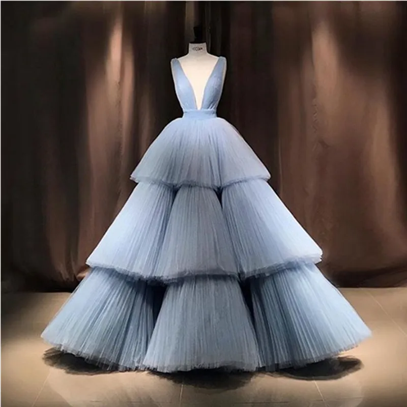 

Robe De Soiree 2019 Luxury Light Blue Evening Dress Long Sexy V-Neck Tiered Bottom Tulle Formal Party Dress vestidos de gala