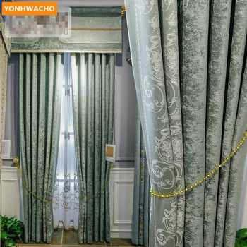 

Custom curtains luxury Chinese bedroom simple modern chenille jacquard green cloth blackout curtain tulle valance drape B413