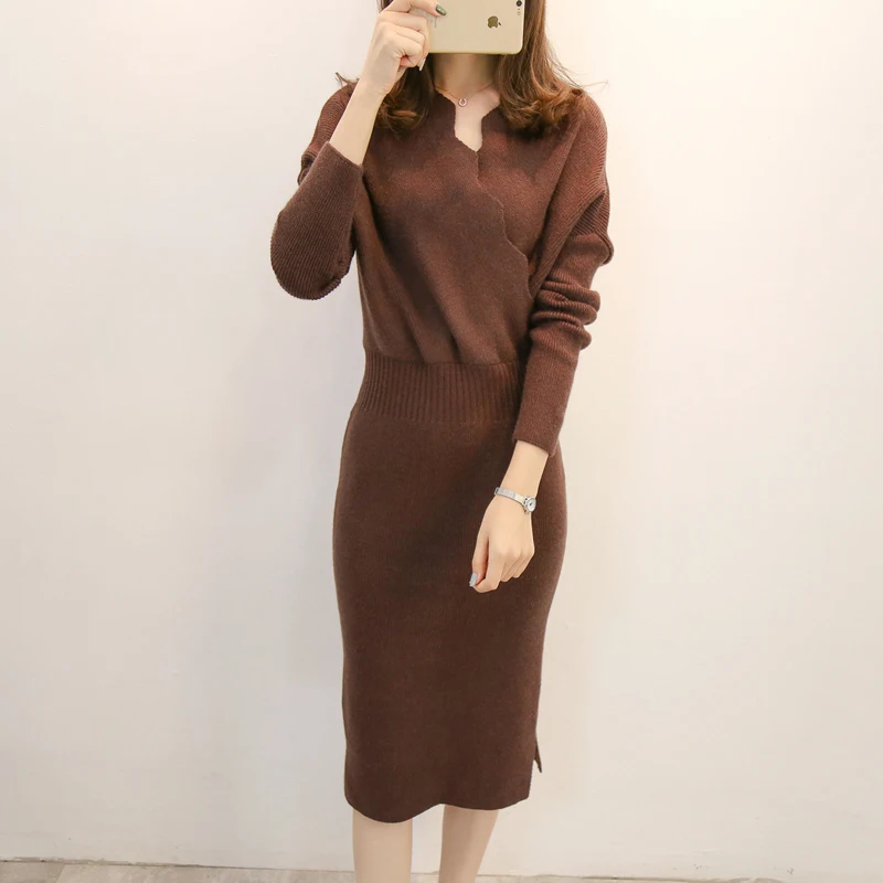 Automne Hiver Robe V coffee Col Hanche F472 À Femmes Green Tricoté Tricot bourgogne Paquet Manches Noir Chandail Robes blue ardoisé Sexy Slim Femme Longues Dame army A5dn7qRw