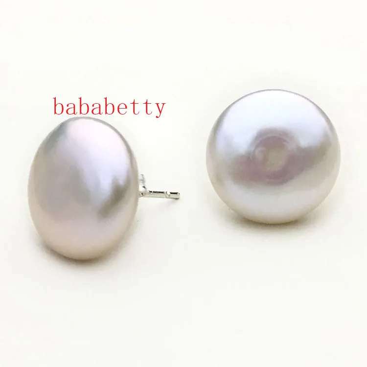 

Simple elegant baroque white natural freshwater pearl button coin shape 13-14MM 925 sterling silver stud earrings