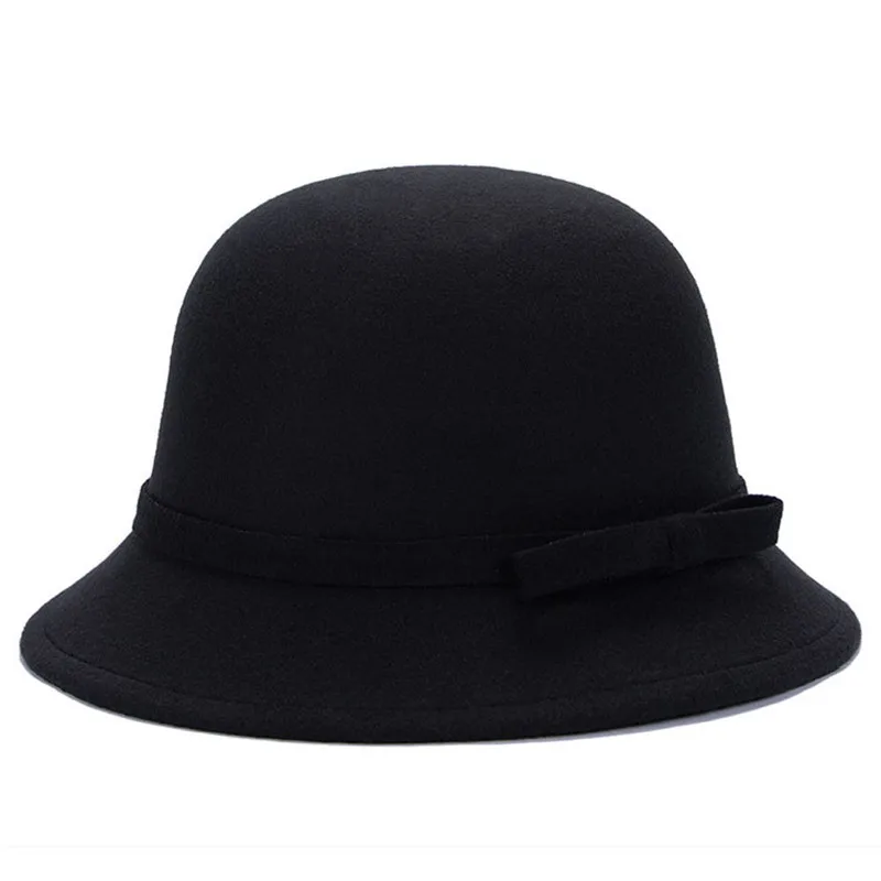Весенне-Зимние береты, шляпа в стиле художника, Женская шерстяная шляпа, винтажные береты, одноцветная шапка, женская шапка, теплый берет для прогулок, бант, фетра - Цвет: Черный