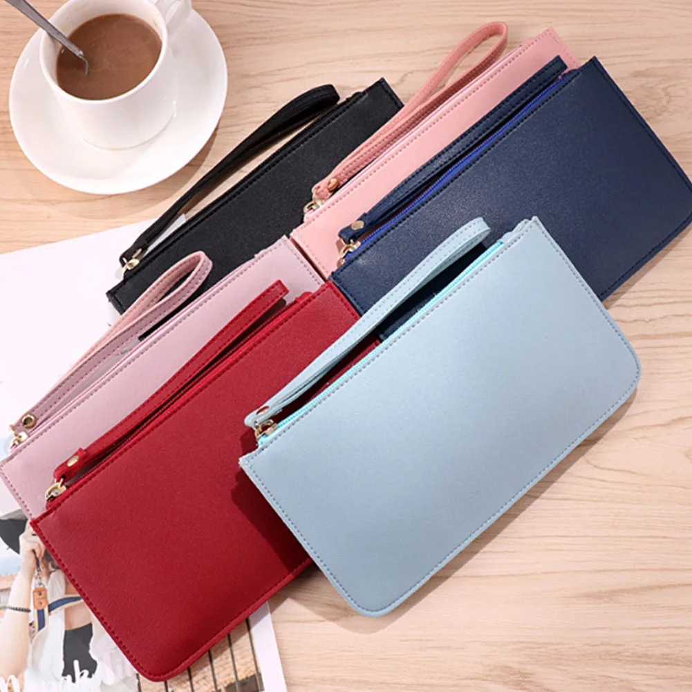 Simple Designer Zipper Women Leather Slim Wallet Female Purse Clutch Thin Wristlet Phone Coin Credit Card Holder Dollar