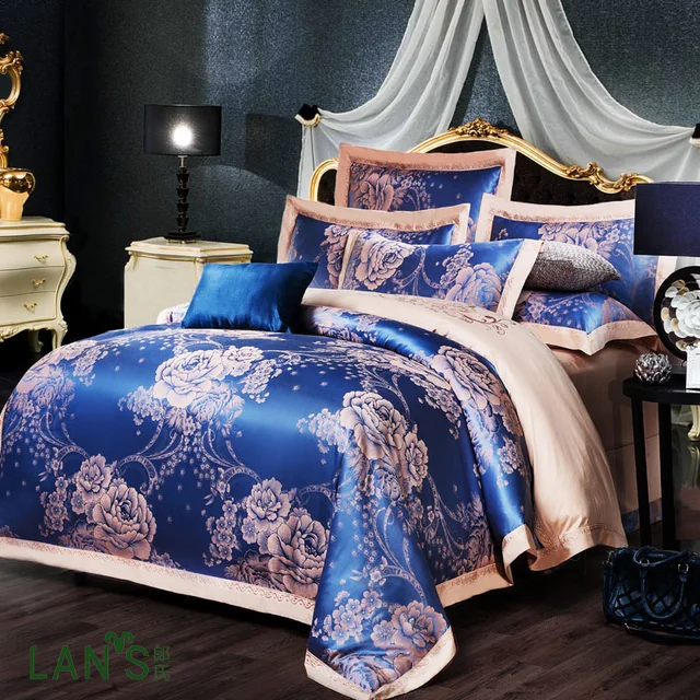 2016 Luxury Royal Blue Embroidery Jacquard Satin 4pcs Bedding Sets