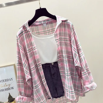 

2019 Spring Summer Plaid Shirt Blouse Female Korea College Loose Chiffon Tops Fashion Bat Sleeve Loose Cardigan Coat Clothes