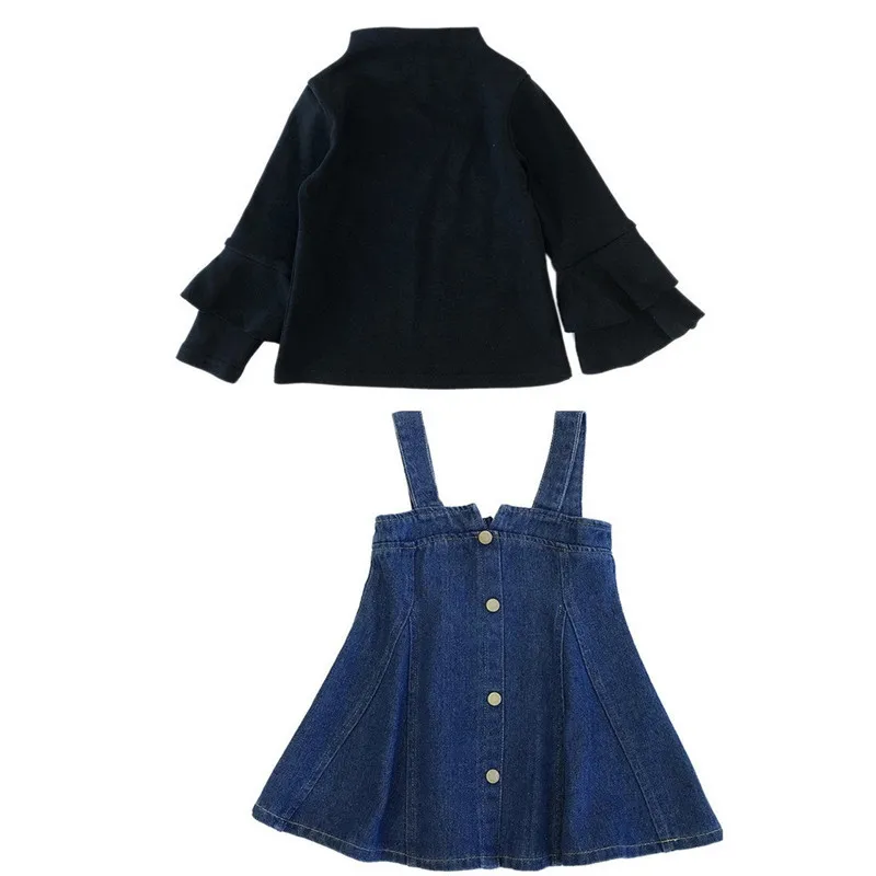 Комплект детской одежды для девочек; рубашка с длинными рукавами и джинсовое платье-комбинезон; модная детская одежда; весенние комплекты; комплекты одежды для маленьких девочек - Цвет: Черный