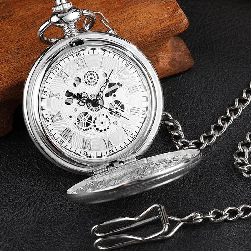 Серебро выгравированы Рука Ветер Механические карманные часы для Для мужчин Для женщин Винтаж стимпанк Fob скелет часы мужской римскими