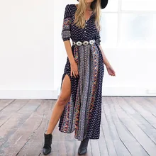 FANALA Women Dress Summer Bohemia Printed Long Beach Party Dresses Sexy V Neck Split Maxi Dress Vestidos Half Sleeve Plus Size