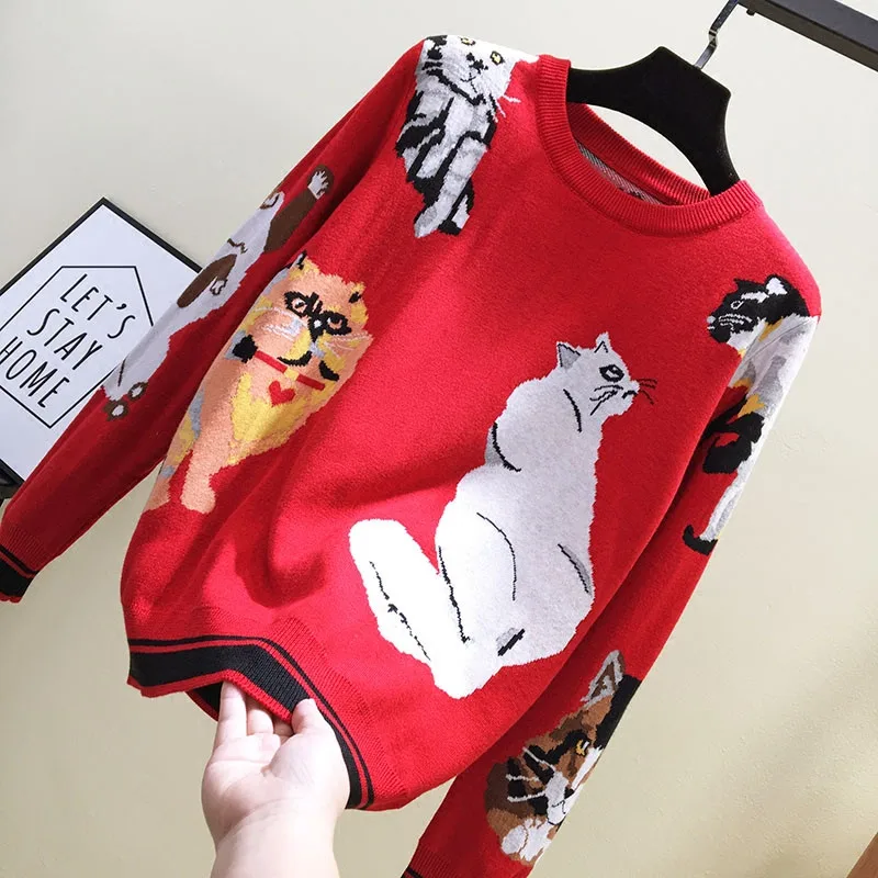 Korobov Корейская мультяшная трикотажная одежда с вышивкой Feminina Новые свитера с круглым вырезом винтажные женские пуловеры с рисунком кота 76447 - Цвет: red sweater