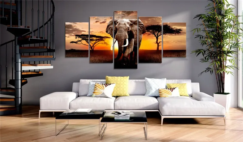 Картины на холсте домашний декор 1 шт. ходячий слон Закат Африка пастбища пейзаж печать плакат гостиная стены искусства