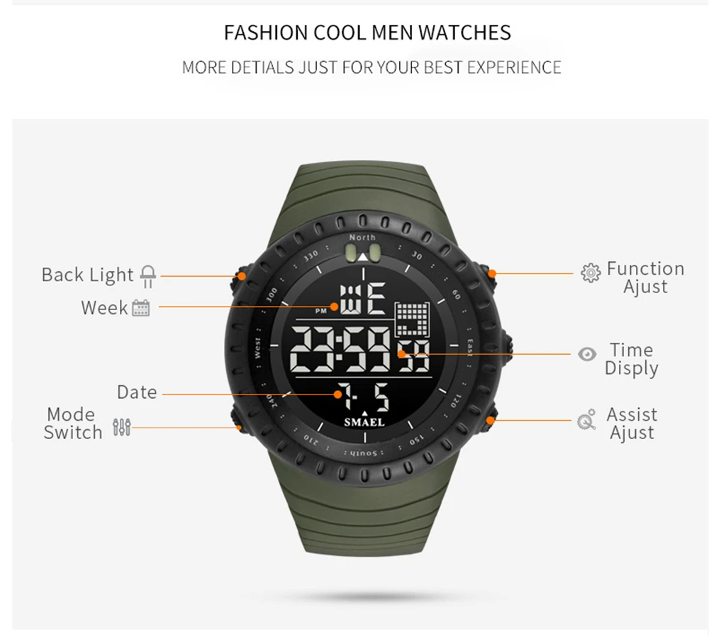 Роскошный бренд SMAEL модные электронные часы Мужские Аналоговые электронные светодиодный армейские водонепроницаемые часы в армейском стиле спортивные часы Relogio Masculino