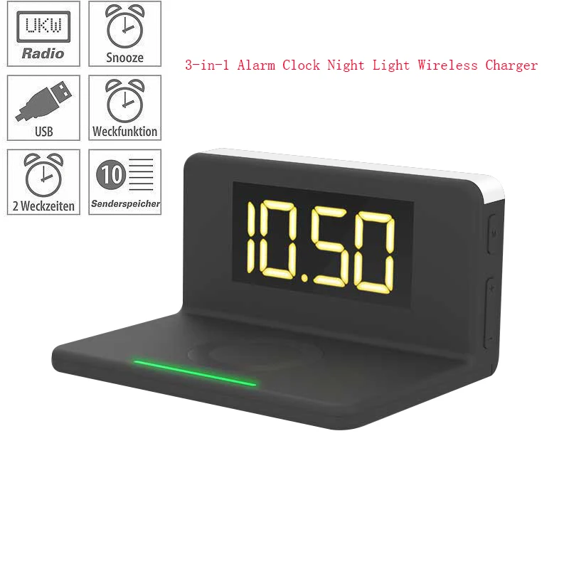 

QI Wireless Fast Phone Charger with Bedside LED Night Light Digital Alarm Clock 10W Wireless Charging Pad for smart phoneCharger