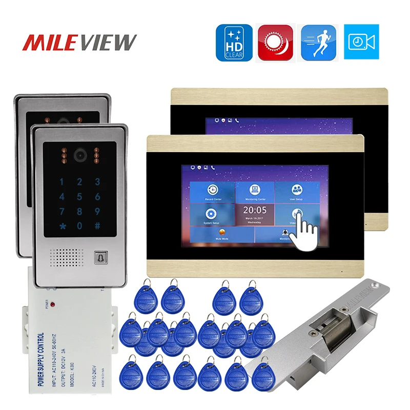 

Free Ship 1.0MP 720P AHD 7" Touch Screen Video Door Phone Intercom Kit 2 Record Monitors 2 RFID Unlock Doorbell Cameras