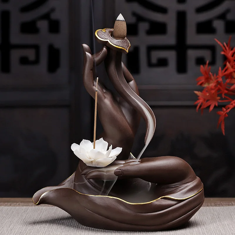 Buddha Hand Statue Backflow Incense Burner Ceramic Burner Backflow Incense Holder Lotus Flower Creative With 10pcs Incense Cones