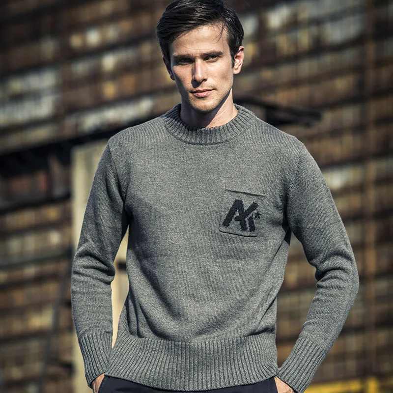 AK CLUB Brand Wool Sweater For Men Casual Crew Neck Patch