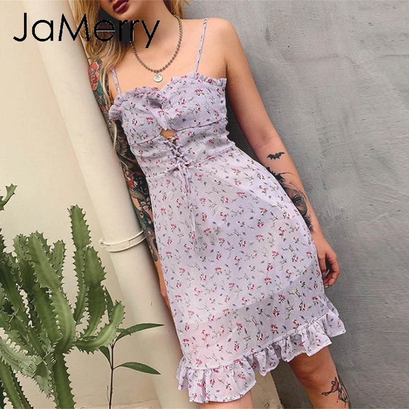 JaMerry винтажное Бохо Короткое женское Цветочное платье с рюшами фиолетовое