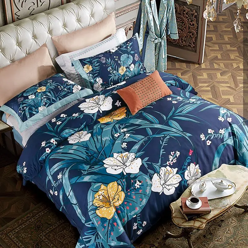 High Density 100S Bedding Sets Navy Blue Plant 3D Flower Printed 4pcs Bed Linen Set Cotton Double Bedsheet Set Queen King Size - Цвет: BeddingSet