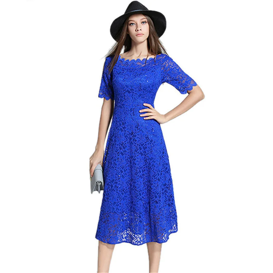 

2018 New Fashion Summer Autumn Sequined Lace Dress Women Short Sleeve Sexy Slash Neck Royal Blue Elegant Dresses Party Vestidos