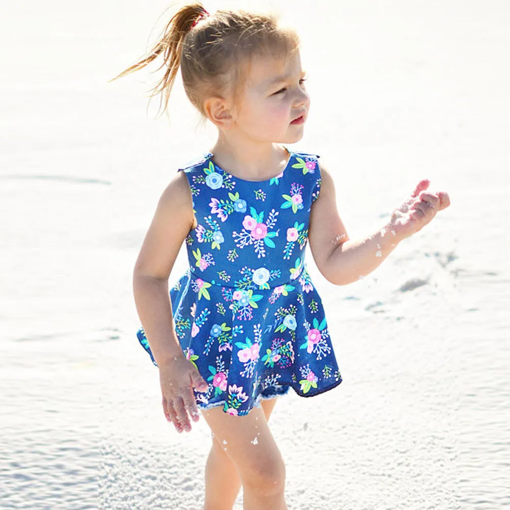 

Beach Dresses Flower Print Sleeveless Sunsuit Toddler Kids Baby Girls Outfit Clothes Floral Print Pageant Party Princess Dress