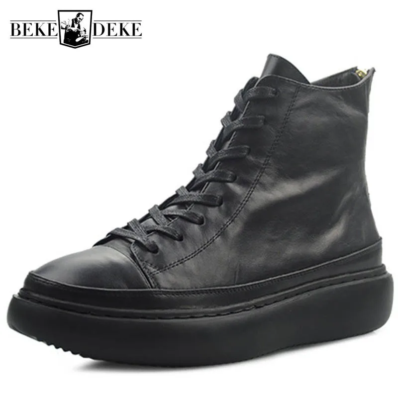 

2022 New High Top Mens Platform Shoes Zip Genuine Leather Boots Med Heels Hip Hop Lace Up Punk Trainers Bikers Ankle Boot