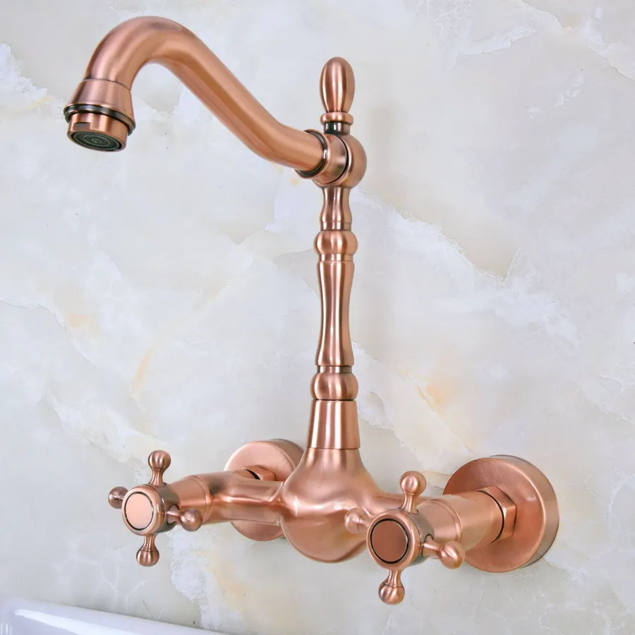 

Antique Red Copper Brass Bathroom Kitchen Sink Faucet Mixer Tap Swivel Spout Wall Mounted Dual Cross Handles mnf944