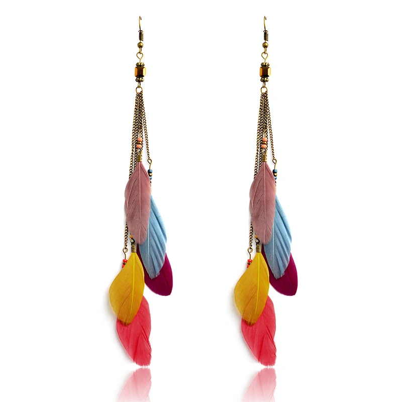 

Feather Drop earrings Bohemian Multi color feather tassel Long earrings Dangles orecchini lunghi Summer BOHO Beach Holiday Gift