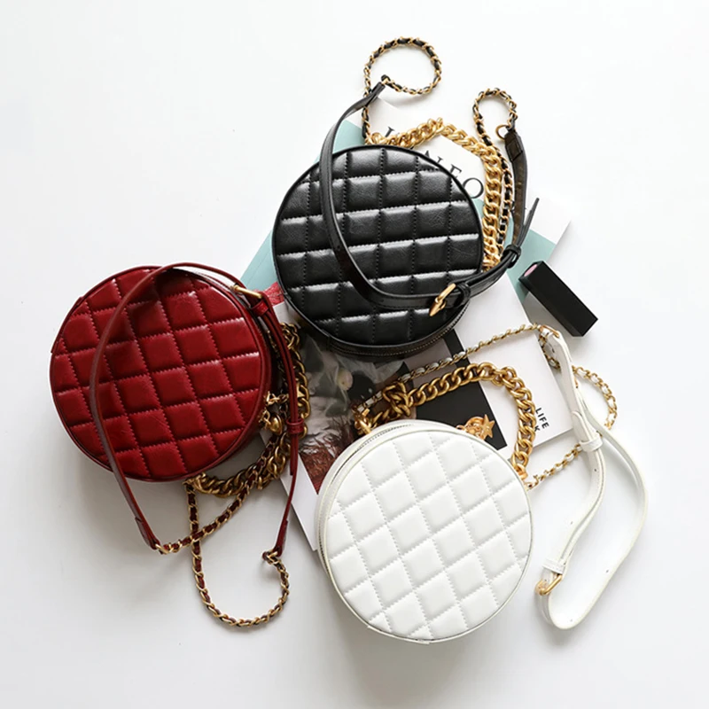 

Fashion Circular Genuine Leather Top-Handle Bags Chain Strap Women Shoulder Bag Round Shape Solid Color Crossbody Bags For Women