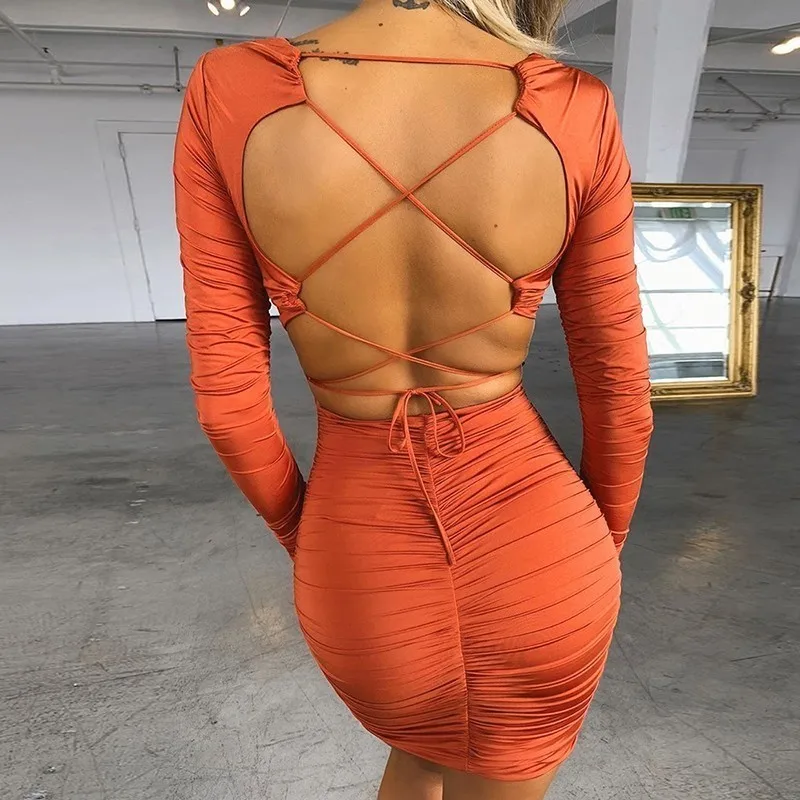 

Feditch Dress Women Sexy Deep V Neck Bandage Bodycon Backless Hollow Out Party Mini Dresses 2019 Autumn Long Sleeve Vestidos