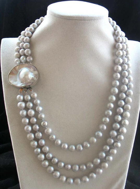 

N 3rows freshwater pearl gray round 8-9mm necklace Discount AAA
