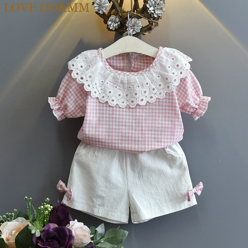 

LOVE DD&MM Girls Sets 2019 Summer New Kid's Clothing Girls Sweet Lace Collar Short-Sleeved Plaid Shirt + White Bow Shorts Suit