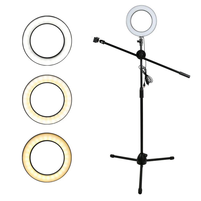 

Phone Photography Adjustable 1.3M Floor Photo Stand Tripod Boom Arm 20CM Ring Light Lamp For Live Show Shooting Fill Light