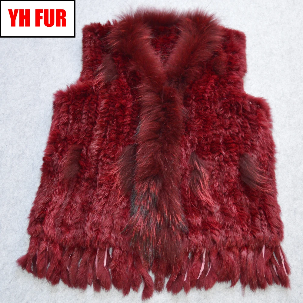 

Hot Sale Party Women Real Rabbit Fur Vest Knitted Tassels 100% Real Genuine Rabbit Fur Gilet Real Raccoon Fur Collar Waistcoat