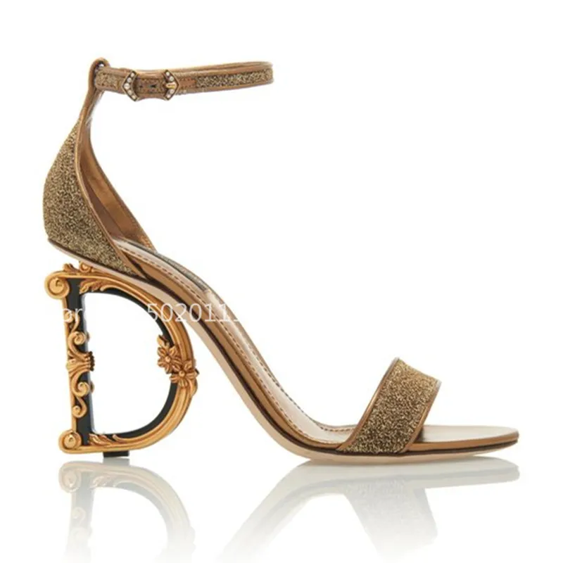 

Hot Brand Fashion Lurex Sandals With Sculpted Heel Women Wedding Party Gold Pumps High Heels Ankle Buckles Woman Shoes