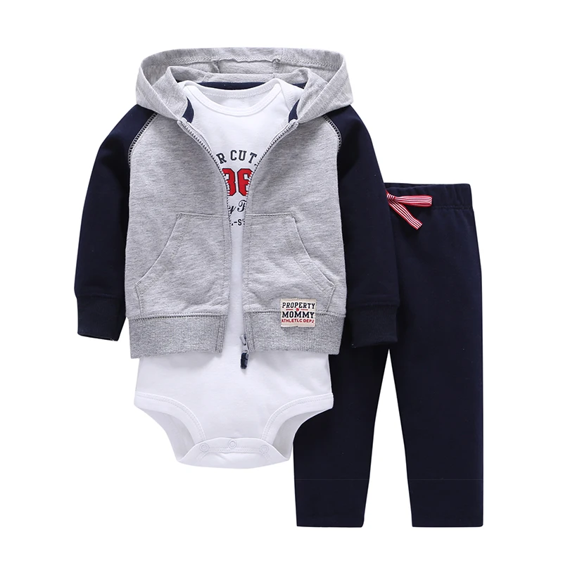 Комплект одежды для маленьких мальчиков, осенняя одежда, зимняя одежда для новорожденных, пальто с капюшоном и длинными рукавами+ боди+ штаны, модная одежда для малышей 6-24 месяцев