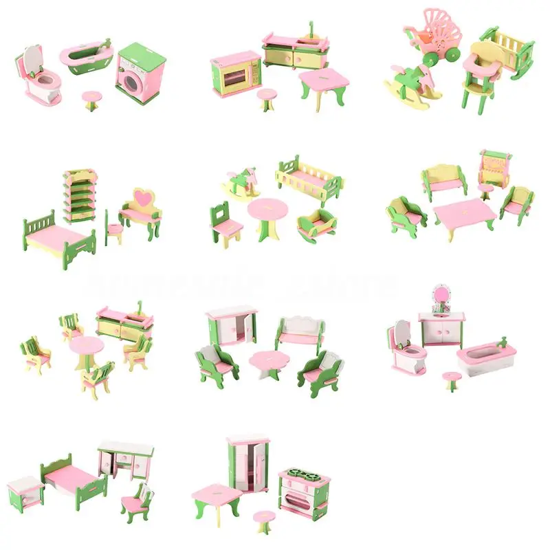 

49Pcs 11 Sets Baby Wooden Furniture Dolls House Miniature Child Play Toys Gifts