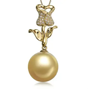 

GVBORI 10-11mm South Sea Gold Pearl Necklace Pendant With 18K Gold Diamond [Rose] Fine Jewelry Valentine Party For Women
