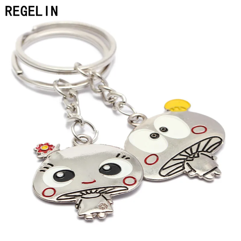 REGELIN 1Pair Couple Keychain Cute mushroom Key Ring Silver Plated