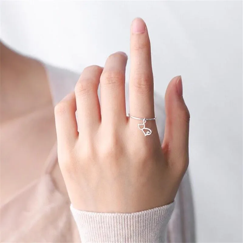 

New Fashion Lovely Cute Animal 925 Sterling Silver Jewelry Personality Hollow Cat Sweet Women Opening Rings SR225