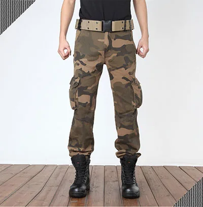 Мешковатые брюки-карго с несколькими карманами в стиле милитари, Армейский Камуфляж, мужские камуфляжные тактические брюки, цифровые пустынные армейские зеленые цвета - Цвет: Коричневый