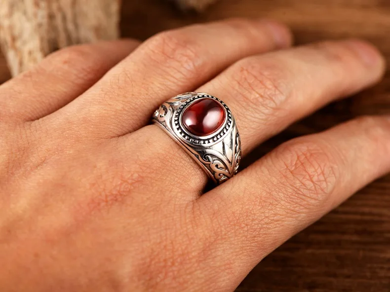 Кольцо из 925 серебра, тайское серебро, синтетическое черное, красный гранат, гутенг-узор, мужское серебряное кольцо