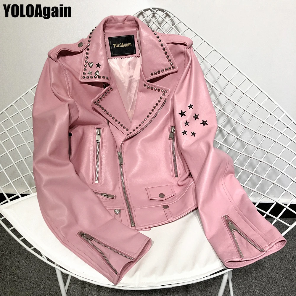 

YOLOAgain Women genuine leather jacket ladies long sleeve star rivet real leather jacket