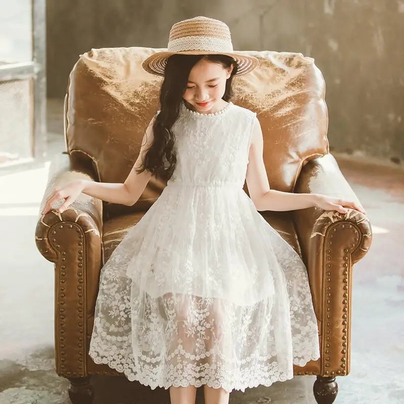 Платье для девочек Подростковая новое летнее детское платье принцессы для девочек Кружевное белое платье для маленьких девочек одежда на Размер 12, 14, 15 лет, для крупных девочек; Meisjes Jurk - Цвет: White lace dress