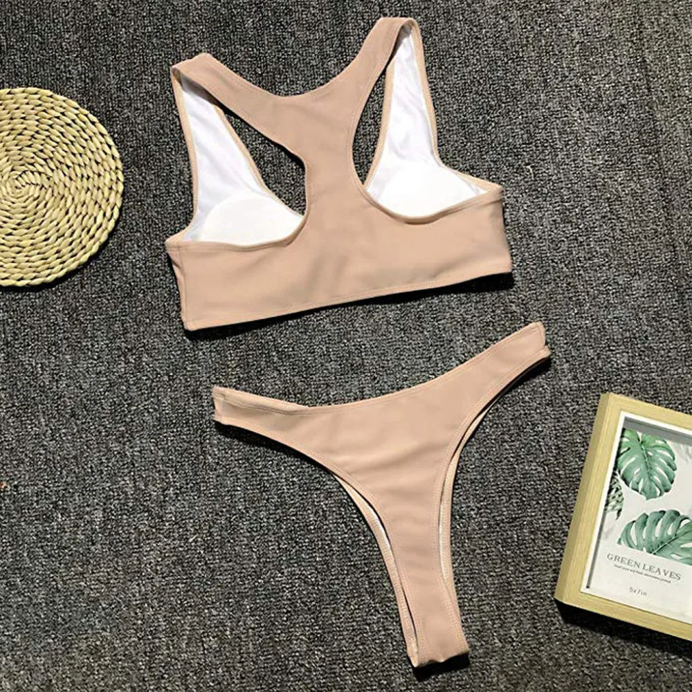 2019 Women's sexy self-tie sling with solid color printed split bikini set swimsuit push up beach bikinis mujer brasile 40M24 (18)