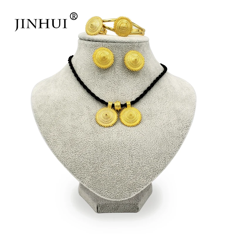 Jin Hui New Ethiopian jewelry sets Pendant Necklace Earring Ring Gold gifts for women African Eritrea jewelry wedding gifts