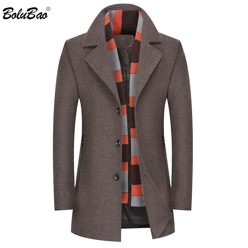 BOLUBAO New Men Wool Blends Coats Winter Thick Warm High Quality Men's Wool Coat Male With Scarf Casual Wool Blends Overcoat