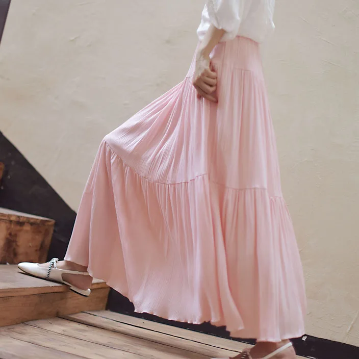 

Cotton Linen Long Skirt Women Casual High Waist Pin-tucking Shirring Solid Color Beach Falda Jupe Female A-Line Maxi Skirts