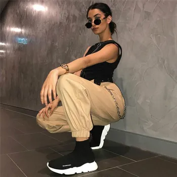 

2019 Casual Female High Waist Harem Pants Women Fashion Sexy Slim Solid Color Long Pants Hip Hop Pant Streetwear With Chains