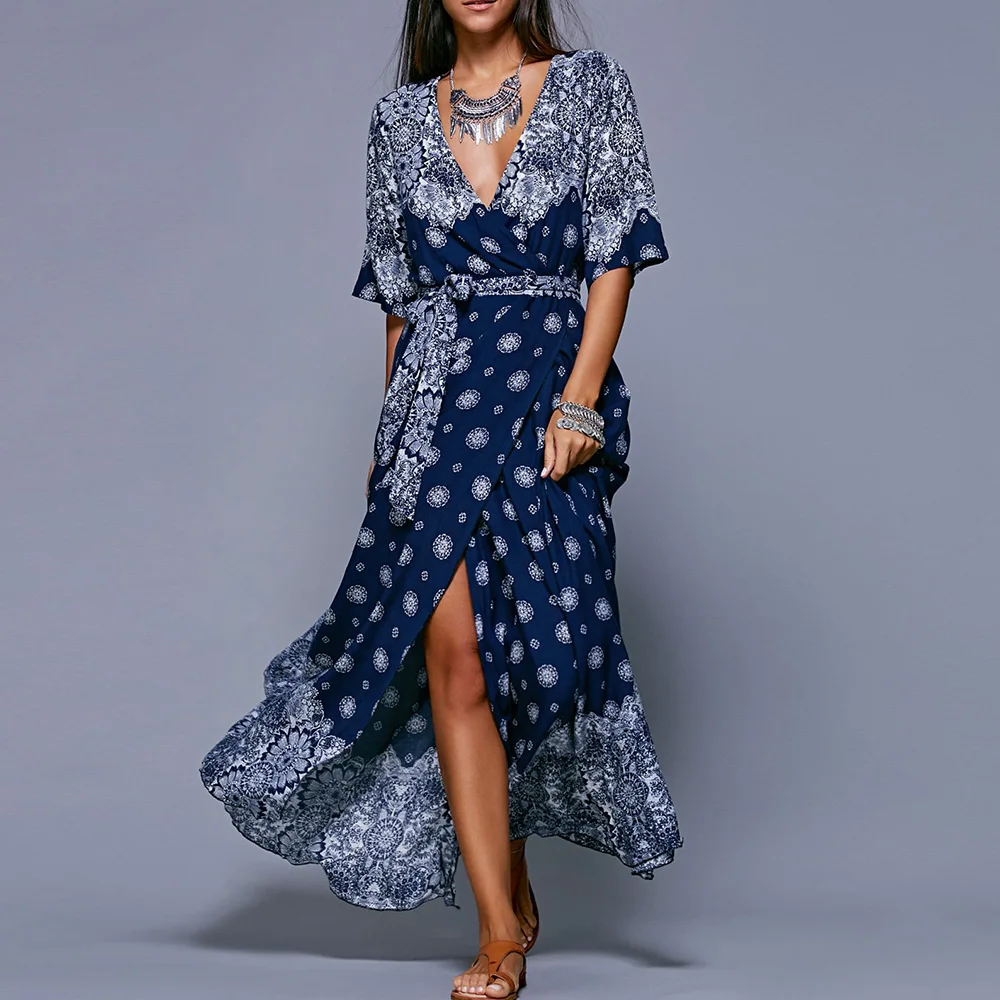 

Lortalen Woman Bohemian Dresses Sexy Deep V Neck Retro Vintage Floral Print Half Sleeve Tunic Belted Long Maxi Dress Party
